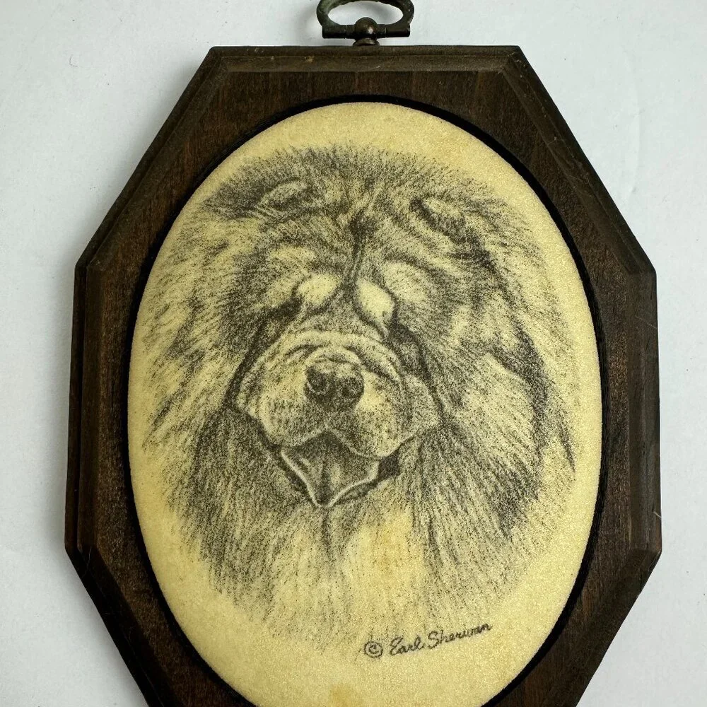 Vintage Chow Dog Wall Plaque on Wood Signed E.Sherman Oval
